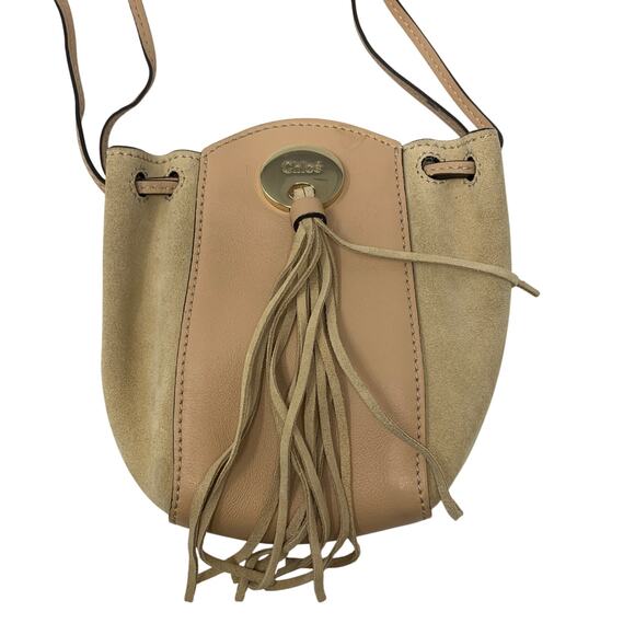 Chloe Beige Leather & Suede Mini Fringe Bucket Bag Drawstring Closure - Picture 3 of 10